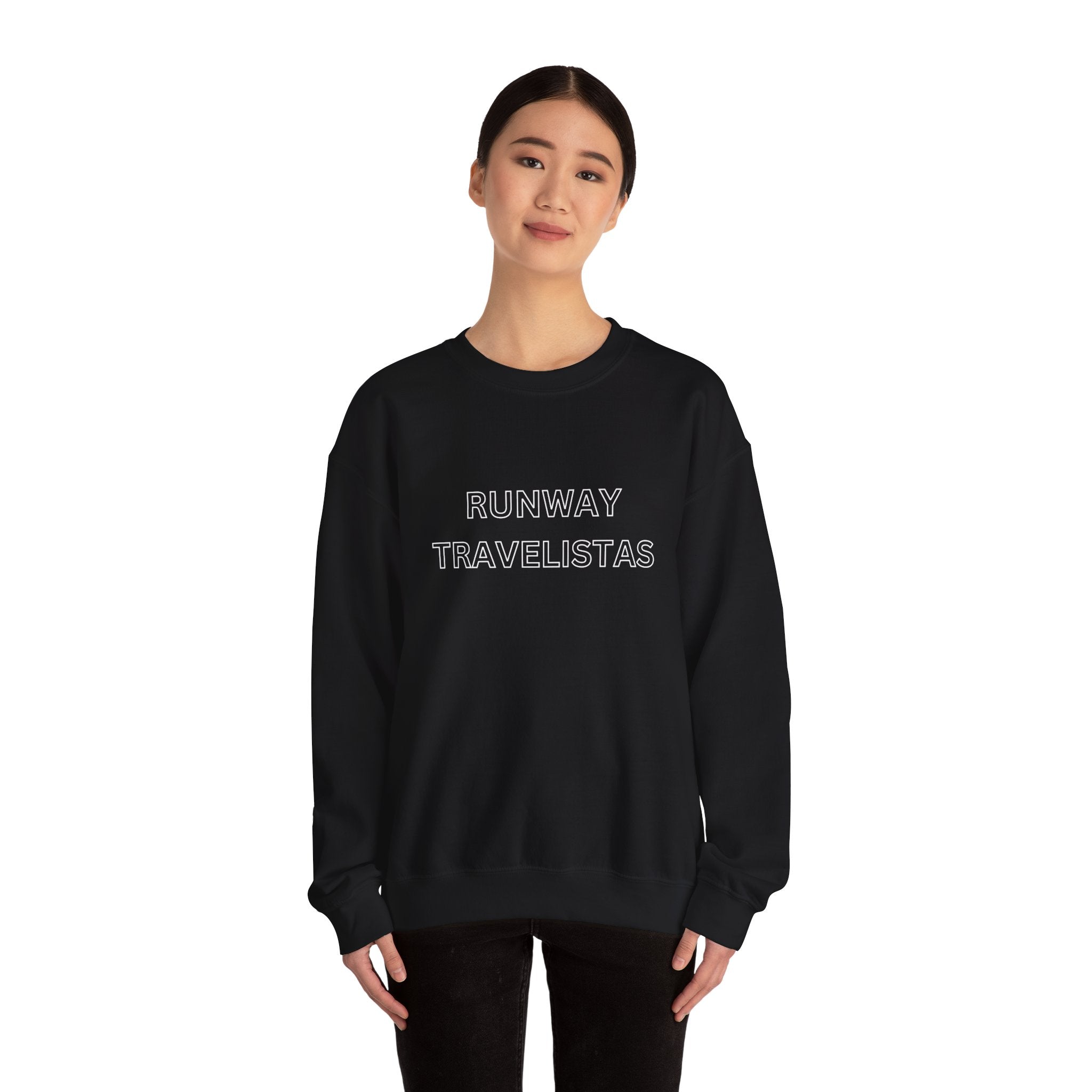 Hollowed Lettering Crewneck Unisex Sweatshirt — "Runway Travelistas" Minimal Travel Crewneck for Fashion-Forward Travelers
