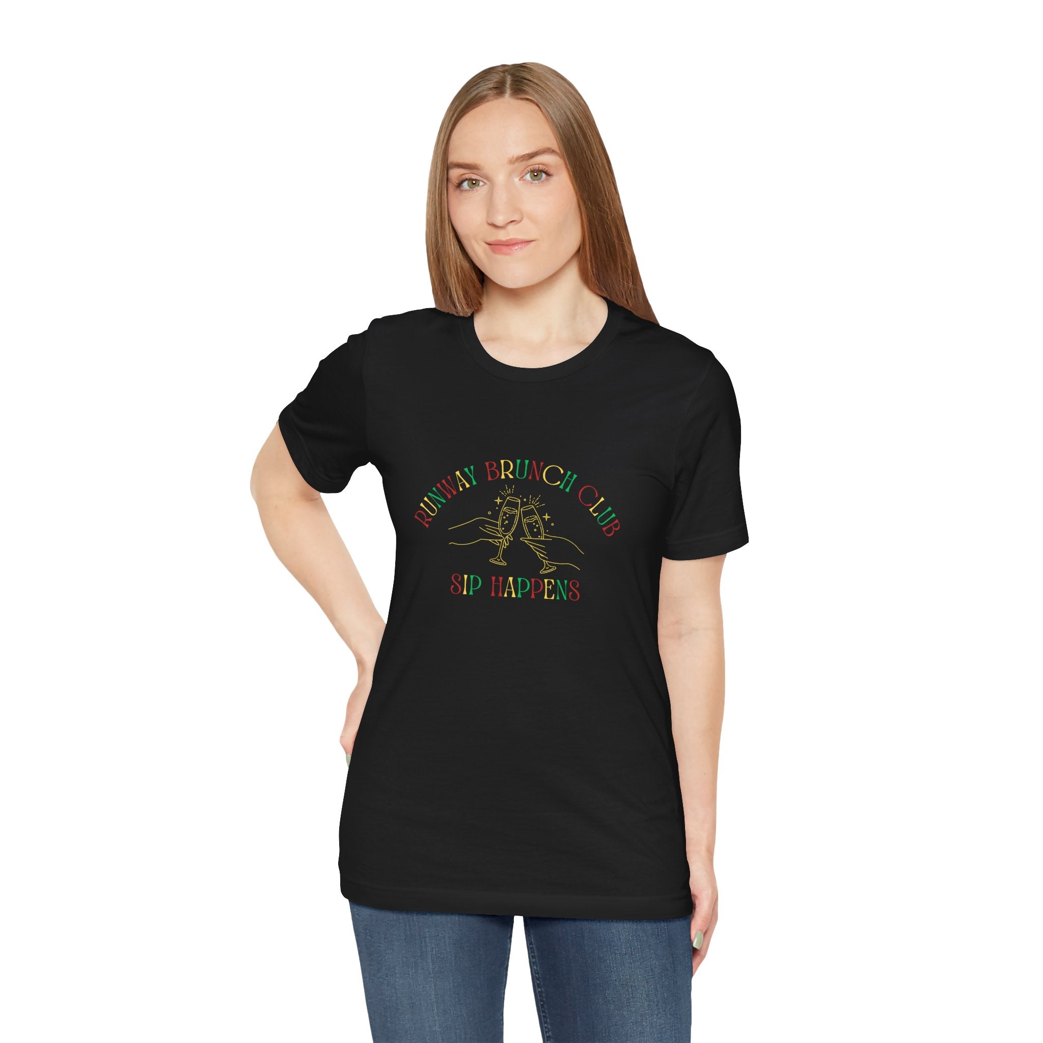 Unisex Colored Lettering Brunch Club T-Shirt — "Runway Brunch Club Sip Happens" Graphic Tee