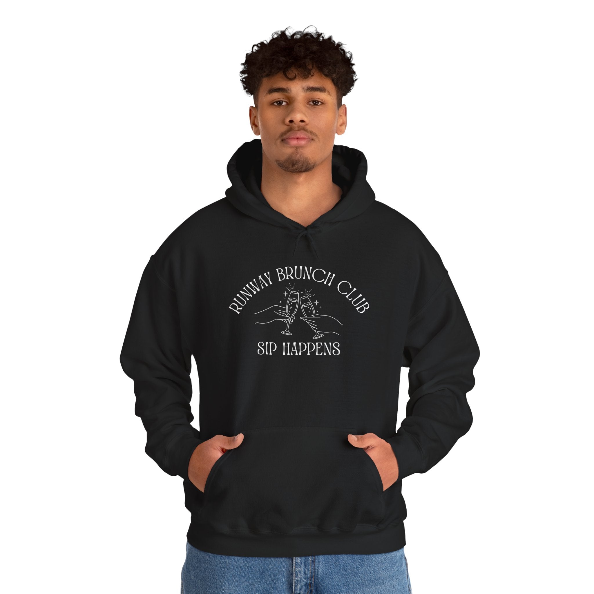 Unisex Hoodie - Runway Brunch Club “Sip Happens” Graphic Pullover, Runway Vibe Tribe Community Breakfast